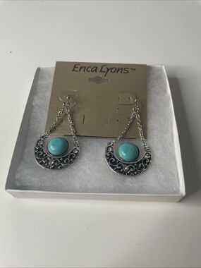 New With Tag Enca Lyons  Design Jewelry Earrings Silver Tone & Turquoise